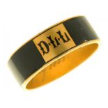 A VICTORIAN GOLD AND BLACK ENAMEL MOURNING RING, 1885 with enamel initials D.L.L and engraved In
