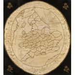 A REGENCY EMBROIDERED OVAL SILK MAP SAMPLER OF ENGLAND AND WALES M F EYRE 1816 worked in coloured