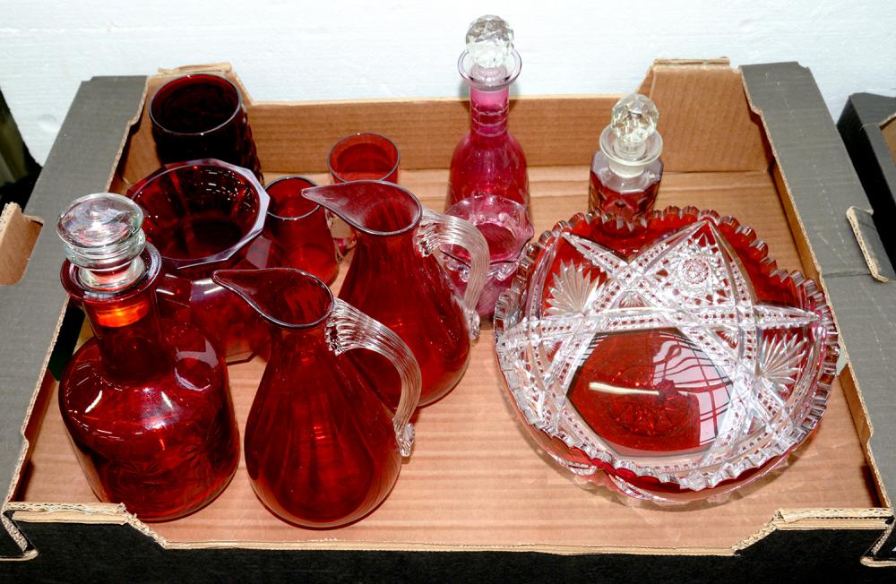 MISCELLANEOUS GLASSWARE, INCLUDING CRANBERRY CUT GLASS FRUIT BOWL, DECANTER, SCENT BOTTLE, ETC