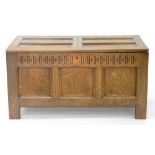 A LATE 18TH C CARVED AND PANELLED OAK BLANKET BOX, THE INTERIOR WITH A TILL, 60CM H; 111 X 53CM