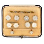 AN ART DECO MOTHER OF PEARL DRESS SET, IN GOLD MARKED 9CT & 18CT, CASED++IN GOOD CONDITION