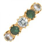 AN EMERALD AND DIAMOND RING IN GOLD, MARKED 18CT, 3.5G, SIZE N++LIGHT WEAR CONSISTENT WITH AGE,