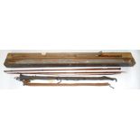 VINTAGE FISHING TACKLE. FOUR GREENHEART TROUT RODS IN PINE CASE