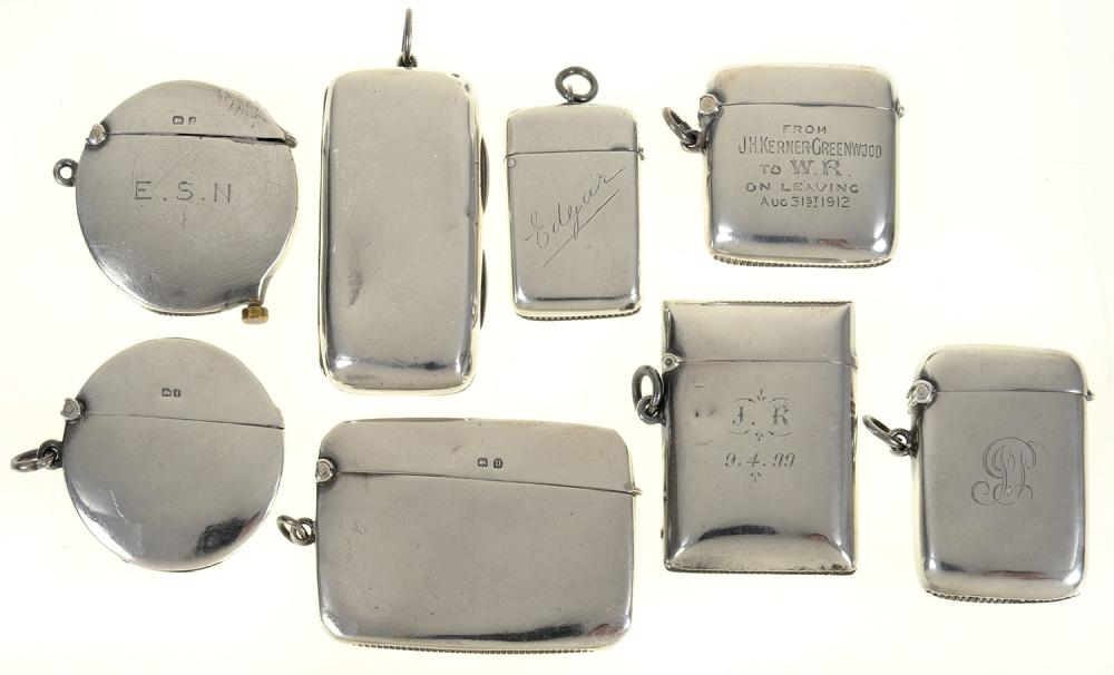 SIX VARIOUS SILVER VESTA CASES, VICTORIAN AND LATER LARGEST 8.5 X 4.5 CM AND TWO EDWARD VII SILVER