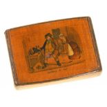 TREEN. A VICTORIAN VARNISHED SYCAMORE SNUFF BOX, THE SLIGHTLY DOMED LID WITH HAND COLOURED PRINT