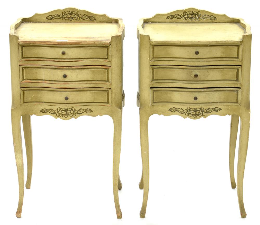 A PAIR OF PAINTED BEECH SERPENTINE BEDSIDE CABINETS, 75CM H; 42 X 31CM