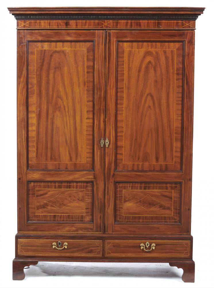 A VICTORIAN MAHOGANY AND LINE INLAID WARDROBE, LATE 19TH C, with dentil cornice enclosed by twin