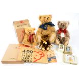 FOUR STEIFF TEDDY BEARS, A BOXED STEIFF MINIATURE BEAR, ETC