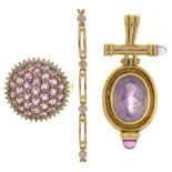 A DIAMOND BRACELET IN GOLD MARKED 10K, A PINK KUNZITE AND DIAMOND BOMBE RING IN GOLD MARKED 9K AND