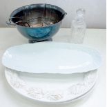 AN EPNS PUNCH BOWL, 36CM D, A PLATED BOTTLE CRADLE, ONE AND A PAIR OF WHITE GLAZED EARTHENWARE