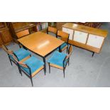 A 1960'S TEAK DINING SUITE, COMPRISING TABLE, SIX CHAIRS AND SIDEBOARD, 86CM H; 137 X 48CM