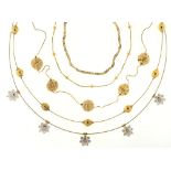 FIVE NECKLACES, COMPRISING TWO 9CT GOLD, 4G, TWO 14CT GOLD, 8G, AND ANOTHER SILVER GILT ++IN GOOD