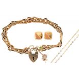 A PAIR OF GOLD EARRINGS, MARKED 750, 2.2G, A GOLD BRACELET, MARKED 9CT AND A GOLD NECKLACE, MARKED