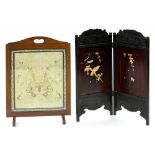 AN OAK FIRE SCREEN WITH AN EMBROIDERED SILK WORK PANEL, 56CM W AND A CHINESE TWO FOLD CARVED WOOD