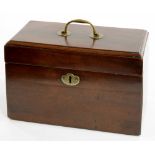 A GEORGE III MAHOGANY TEA CADDY WITH BRASS HANDLE, 24CM L