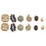 FIVE PAIRS OF GEM SET 9CT GOLD EARRINGS, INCLUDING A PAIR OF SAPPHIRE AND DIAMOND EARRINGS, AND