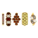 FIVE GEM SET 9CT GOLD RINGS, INCLUDING A RUBY AND DIAMOND RING AND AN OPAL AND GARNET RING, 15G,