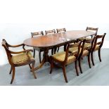 AN INLAID MAHOGANY TWIN PILLAR EXTENDING DINING TABLE, 75CM H; 91 X 227CM AND A SET OF EIGHT