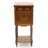 A FRENCH MARBLE TOPPED GRAINED WALNUT POT CUPBOARD, 85CM H; 34 X 36CM