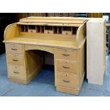 AN OAK PEDESTAL DESK WITH TAMBOUR SHUTTER, 108CM H; 136 X 76CM AND A SET OF THREE OPEN BOOKCASES