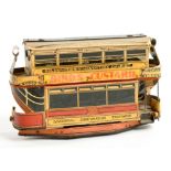 A VINTAGE PAINTED WOOD, METAL AND CARD MODEL OF A DOUBLE DECKER TRAM OF LIVERPOOL CORPORATION