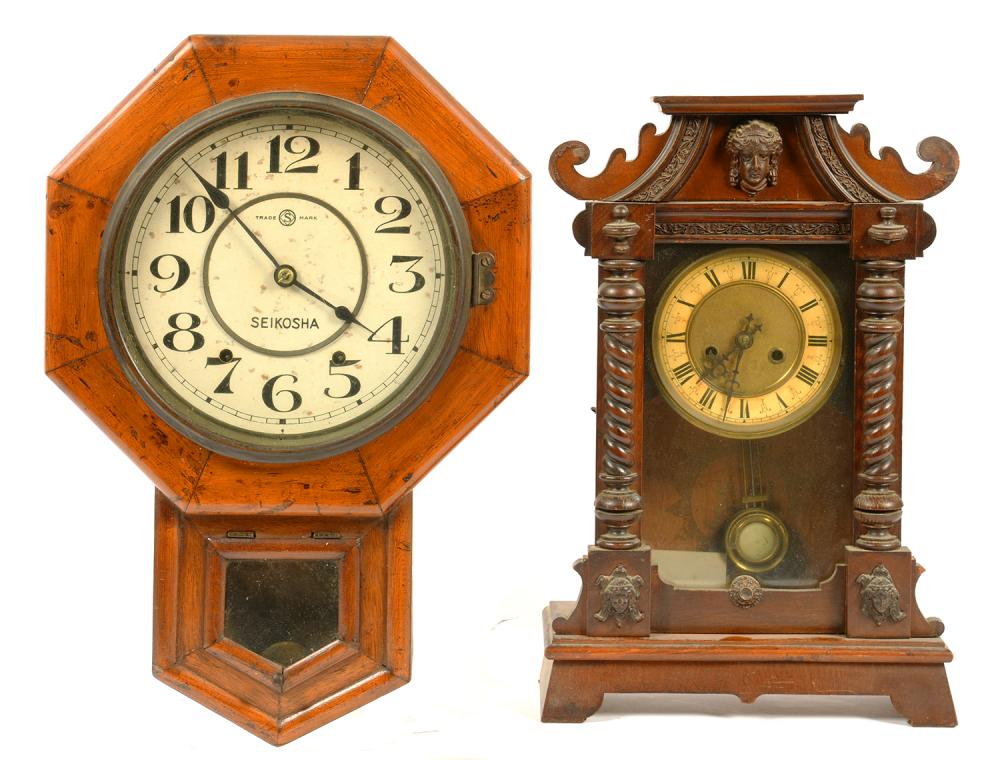 A STAINED WOOD MANTEL OR SHELF CLOCK, 46CM H, LATE 19TH C AND A MAHOGANY SEIKOSHA DROP CASED WALL