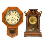 A STAINED WOOD MANTEL OR SHELF CLOCK, 46CM H, LATE 19TH C AND A MAHOGANY SEIKOSHA DROP CASED WALL