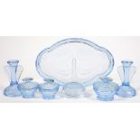 A MOULDED BLUE GLASS DRESSING TABLE SET, EARLY 20TH C