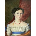 ENGLISH SCHOOL, EARLY 19TH CENTURY, A YOUNG LADY with curly black hair, white dress, blue bows and