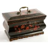 A JAPANNED TINPLATE-OVER-WOOD TEA CHEST, PAINTED WITH FLOWERS, BRASS HANDLE, 25CM L, 18TH C,