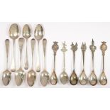 SEVEN SILVER TEASPOONS, GEORGE III AND LATER AND SIX DUTCH SILVER SOUVENIR SPOONS, VARIOUSLY MARKED,