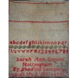 A VICTORIAN LINEN SAMPLER, WORKED BY SARAH ANN SIMON, DATED 1851, 30 X 23CM