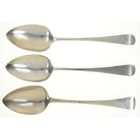 A PAIR OF GEORGE III SILVER TABLESPOONS, LONDON 1906 AND ANOTHER, LONDON 1812, 4OZS 16DWTS (3)++GOOD