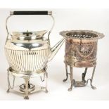 A VICTORIAN OVAL EPNS TEA KETTLE ON LAMPSTAND, 32 CM H AND A PIERCED EPNS WINE COOLER, 22 CM H++WINE