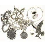 A VICTORIAN SILVER LOCKET ON CHAIN, MARCASITE AND SILVER JEWELLERY, ETC ++WEAR CONSISTENT WITH AGE