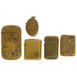 FIVE BRASS VESTA CASES, THREE EMBOSSED, THE SMALLEST OVAL AND WITH THE HEAD OF A YOUNG WOMAN,