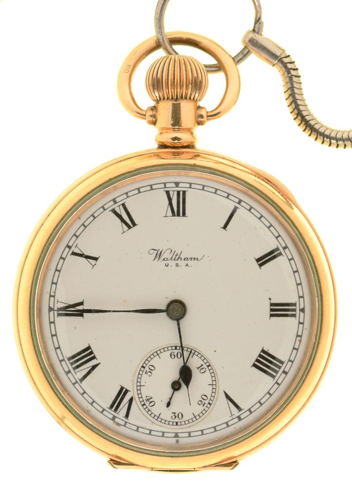 A GOLD PLATED WALTHAM WATCH, MOON 260281, INSCRIBED TO A.CARSON 1913-37 FROM H.A. BENNETT, ON