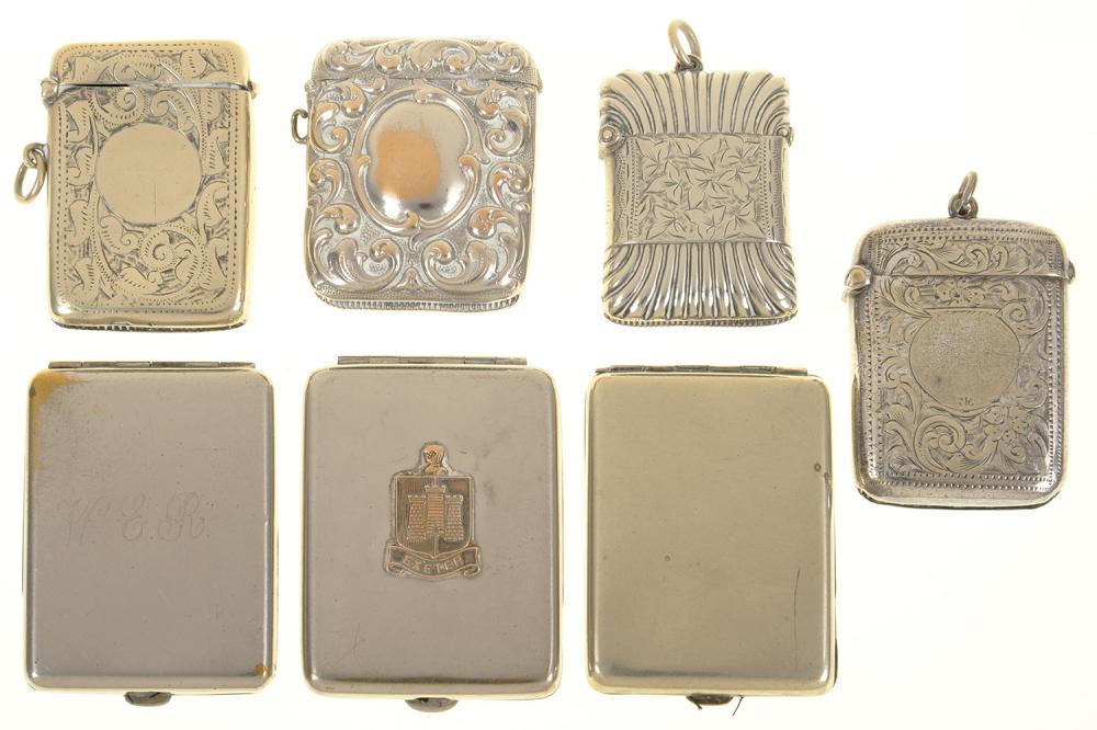 SEVEN VARIOUS PLATED VESTA CASES, LARGEST 6 X 4.5 CM++VARIOUSLY DENTED