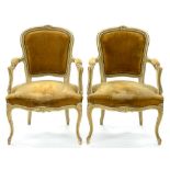 A PAIR OF PAINTED BEECH ELBOW CHAIRS IN LOUIS XV STYLE, EARLY 20TH C