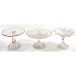 THREE VICTORIAN PRESS MOULDED GLASS CAKE STANDS, LARGEST 31CM D