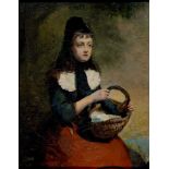 19TH C SCHOOL, PORTRAIT OF A YOUNG GIRL SEATED WITH A BASKET, OIL ON CANVAS, 30 X 23CM