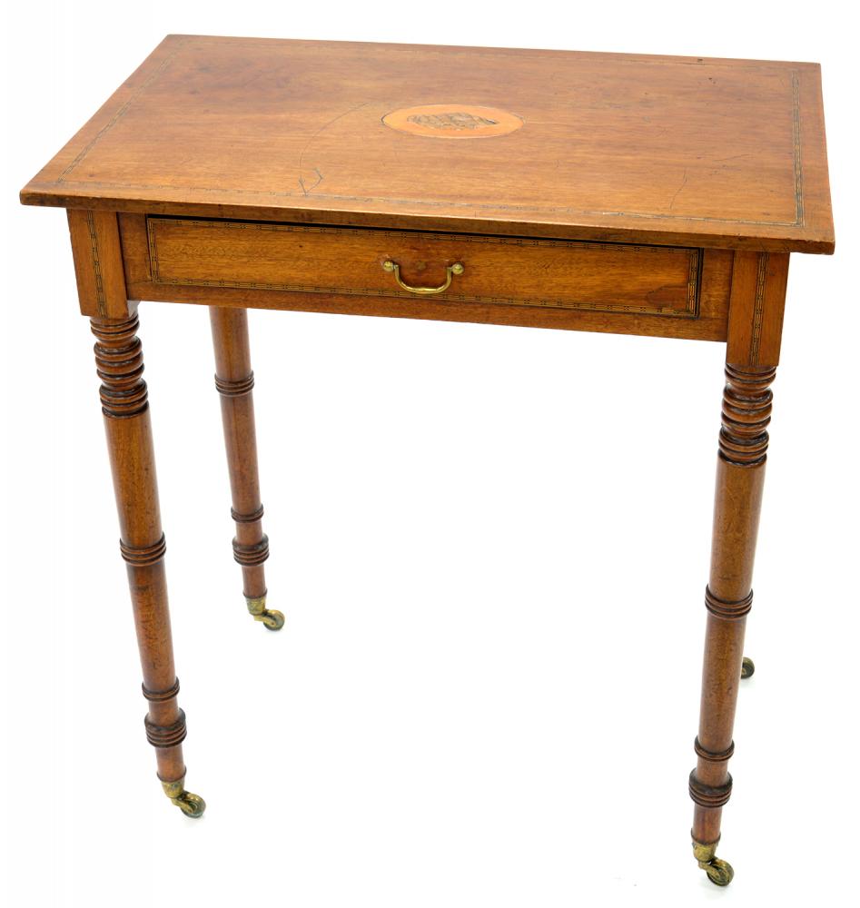 A VICTORIAN INLAID MAHOGANY SIDE TABLE ON TURNED LEGS AND BRASS CASTORS, 78CM H; 67 X 40CM