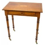 A VICTORIAN INLAID MAHOGANY SIDE TABLE ON TURNED LEGS AND BRASS CASTORS, 78CM H; 67 X 40CM