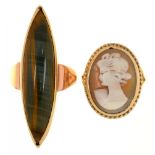 A BLUE TIGER'S EYE RING N GOLD, UNMARKED, SIZE Q, AND A CAMEO RING IN 9CT GOLD, SIZE R++LIGHT WEAR