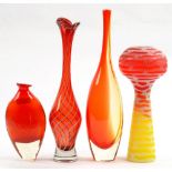 FOUR RED / YELLOW FLASHED STUDIO GLASS VASES, 41CM H AND SMALLER, C1970'S / 80'S