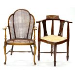 AN EDWARDIAN INLAID MAHOGANY ELBOW CHAIR ON SQUARE TAPERING LEGS AND ANOTHER