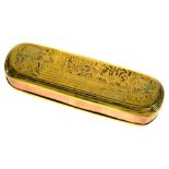 A GERMAN COPPER AND BRASS TOBACCO BOX, ISERLOHN, C1760, 16CM L, WORN