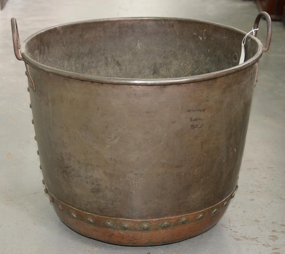 A VICTORIAN RIVETED COPPER VAT WITH IRON HANDLES, 50CM H X 63CM D