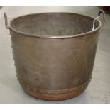 A VICTORIAN RIVETED COPPER VAT WITH IRON HANDLES, 50CM H X 63CM D