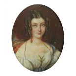 ENGLISH SCHOOL, EARLY 19TH CENTURY, A YOUNG LADY, her brown hair in ringlets, in a white dress